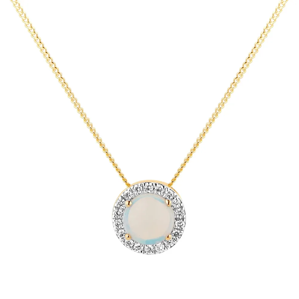 9ct Yellow Gold 5.5mm Opal And Diamond 0.08ct Halo Pendant