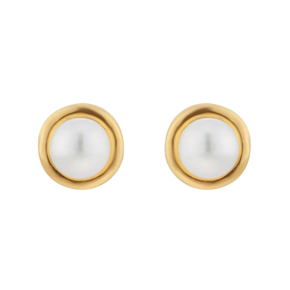 9ct Yellow Gold 7-7.5mm Pearl Rub Over Stud Earrings