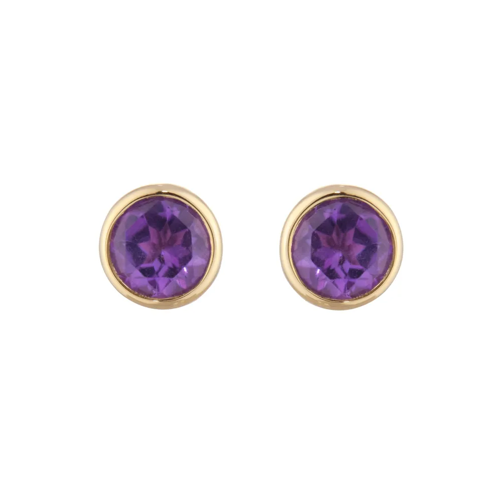 9ct Yellow Gold Amethyst Birthstone Stud Earrings