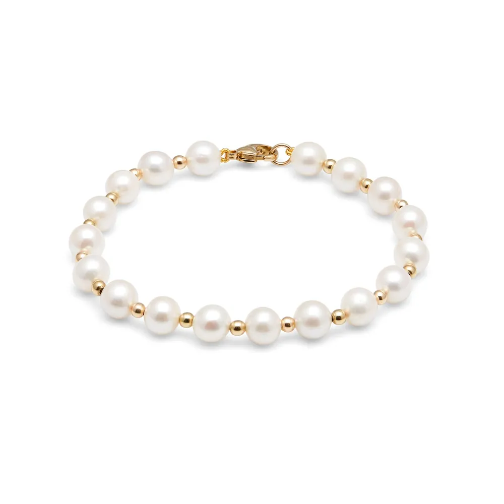 9ct Yellow Gold Bead & Pearl Bracelet Strand 7-7.5mm
