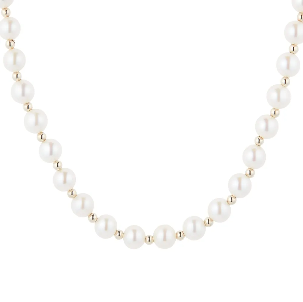 9ct Yellow Gold Bead & Pearl Necklace Strand 7-7.5mm