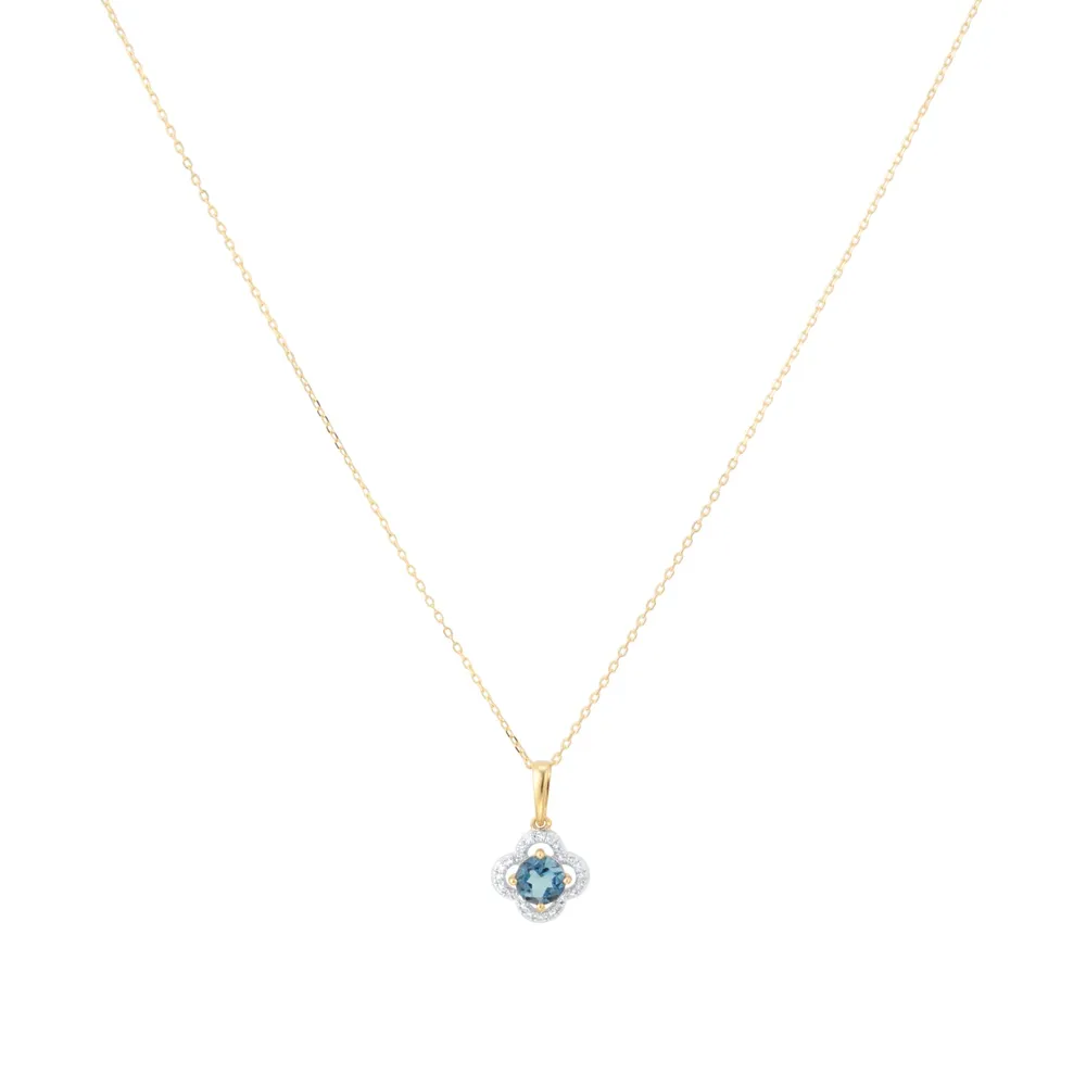 9ct Yellow Gold Blue Topaz and Diamond Floral Pendant