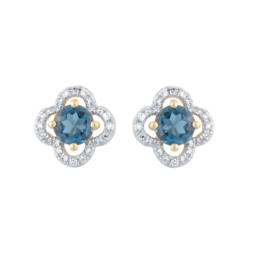 9ct Yellow Gold Blue Topaz and Diamond Floral Stud Earrings