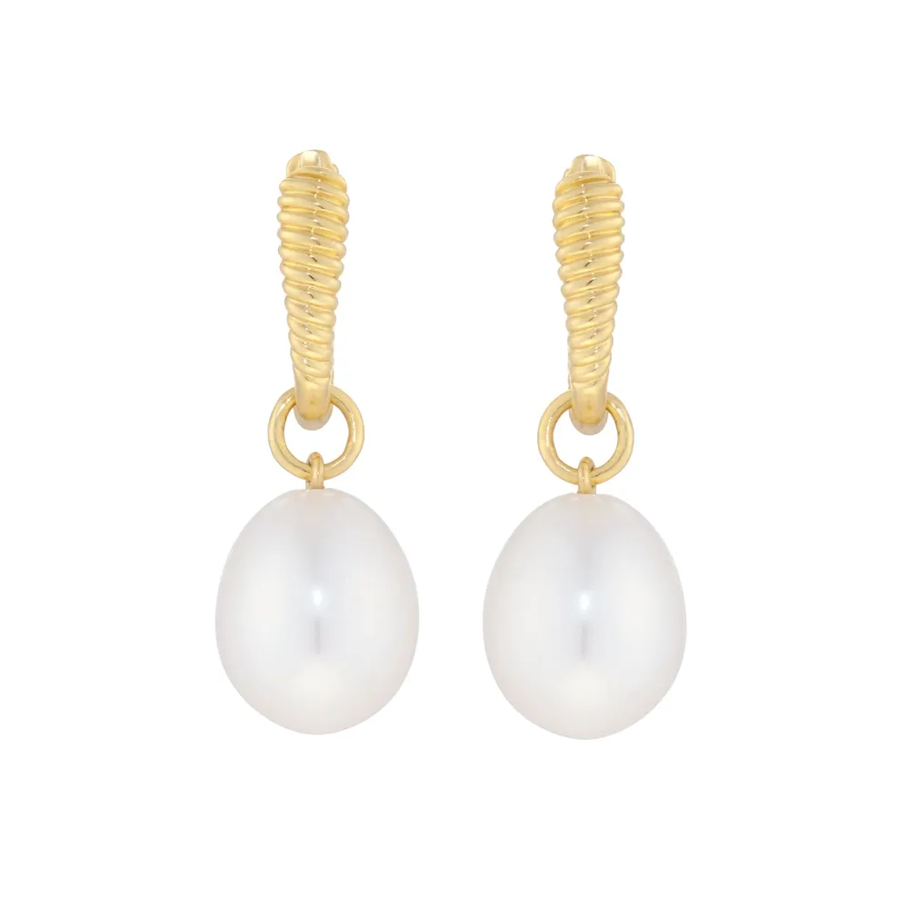 9ct Yellow Gold Detatchable 8mm Oval Freshwater Pearl Hoop Earrings