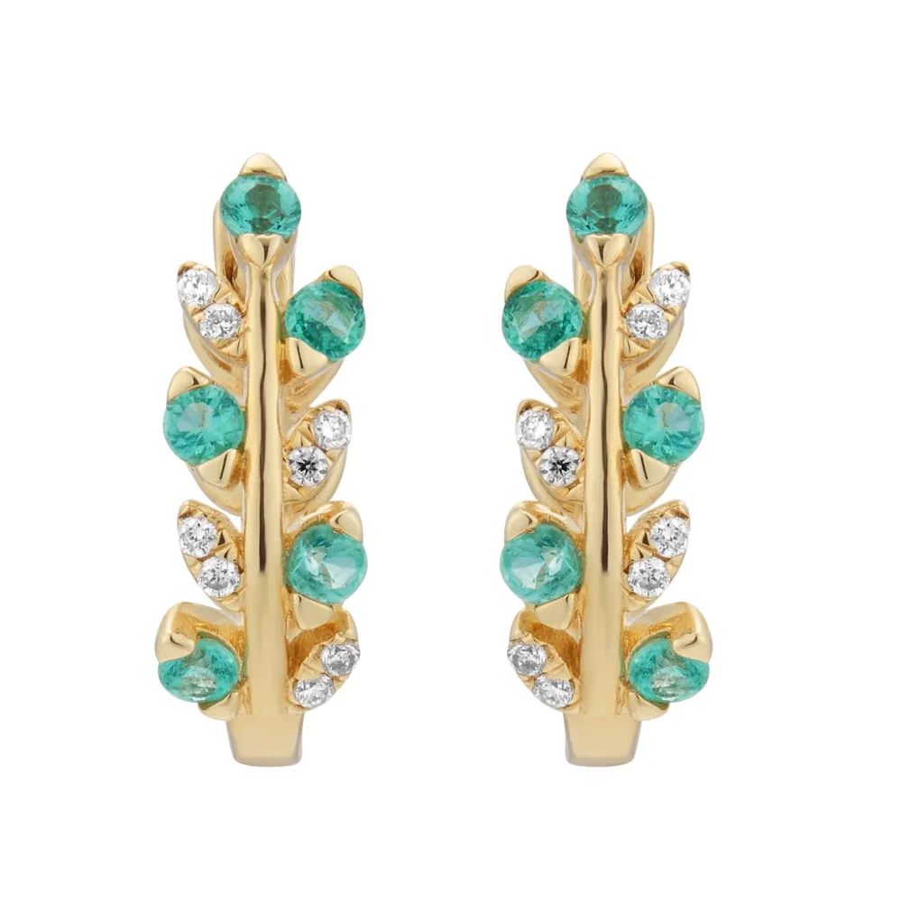 9ct Yellow Gold Diamond and Emerald Leaf Hoop Earrings