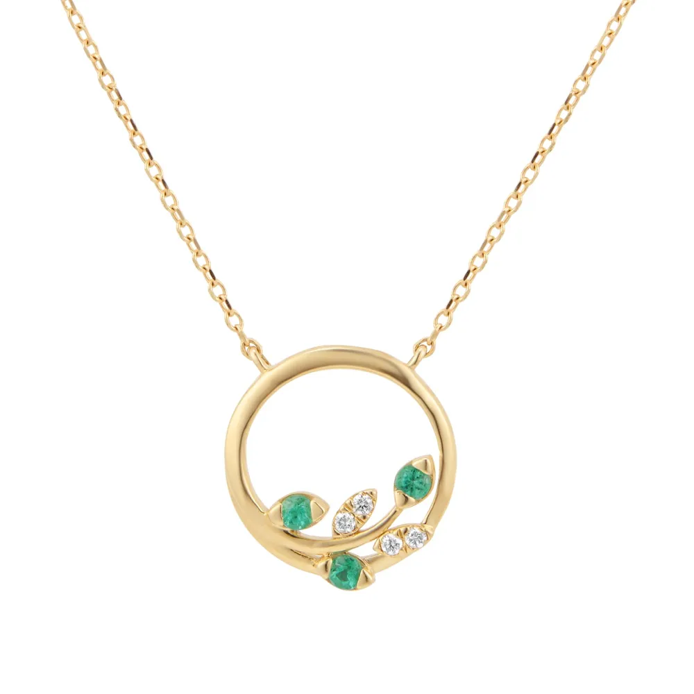 9ct Yellow Gold Diamond and Emerald Leaf Pendant