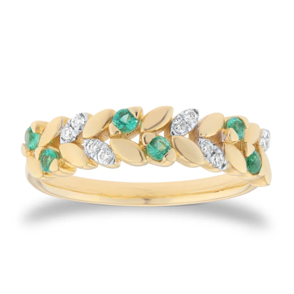 9ct Yellow Gold Diamond and Emerald Leaf Ring