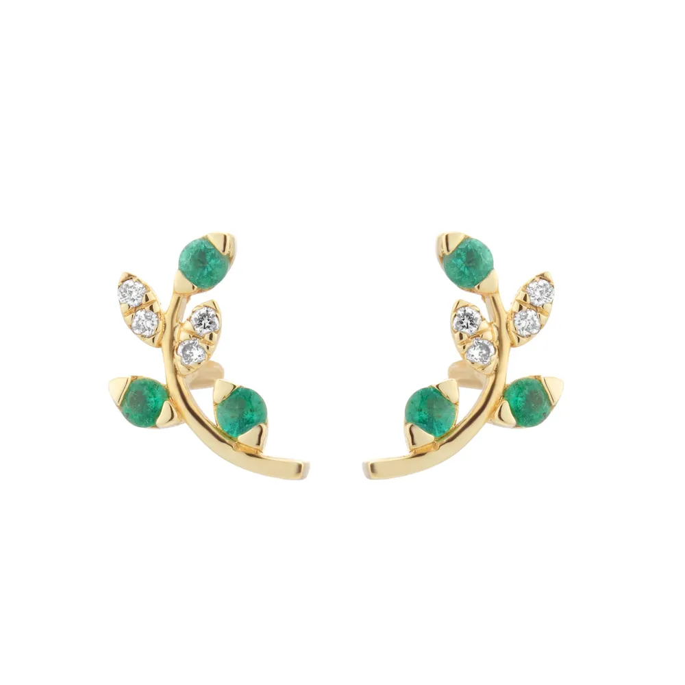 9ct Yellow Gold Diamond and Emerald Leaf Stud Earrings