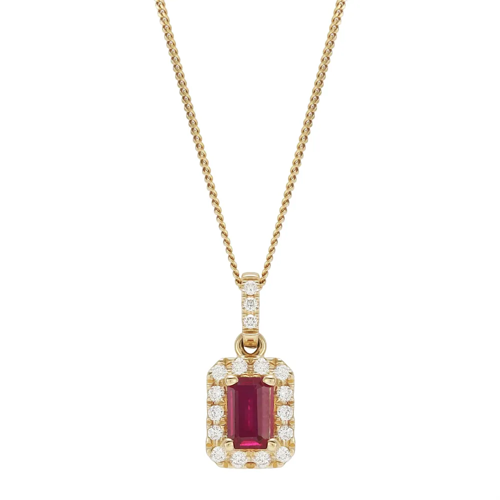 9ct Yellow Gold Emerald Cut Ruby & Diamond Halo Pendant