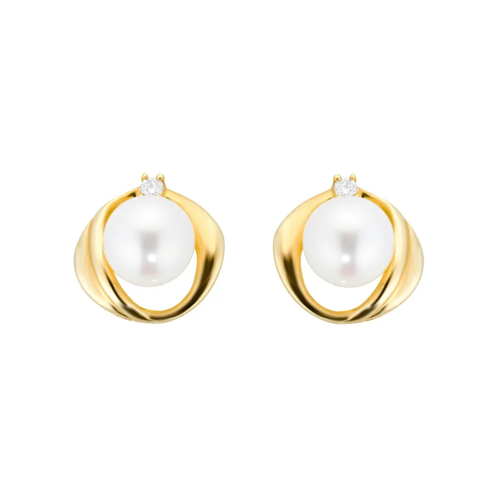 9ct Yellow Gold Fluid Pearl 0.04ct Stud Earrings