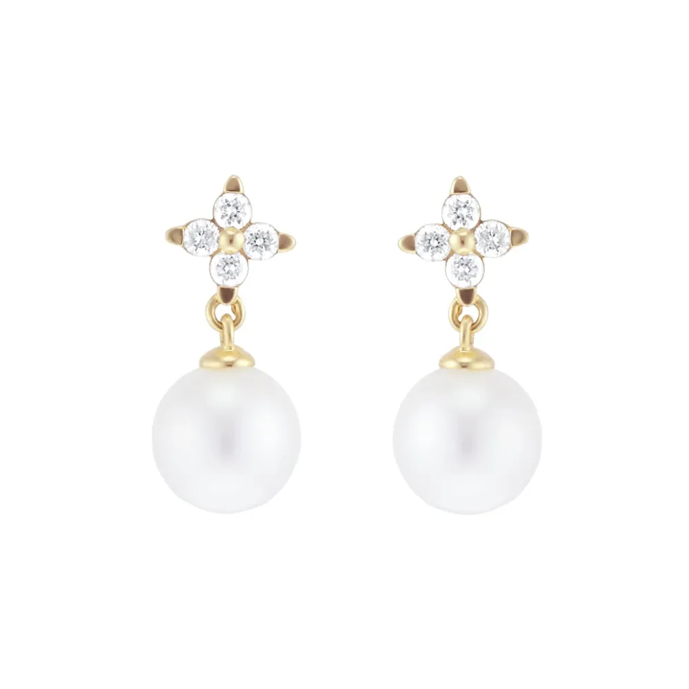 9ct Yellow Gold Freshwater Pearl & 0.11ct Diamond Stud Earrings