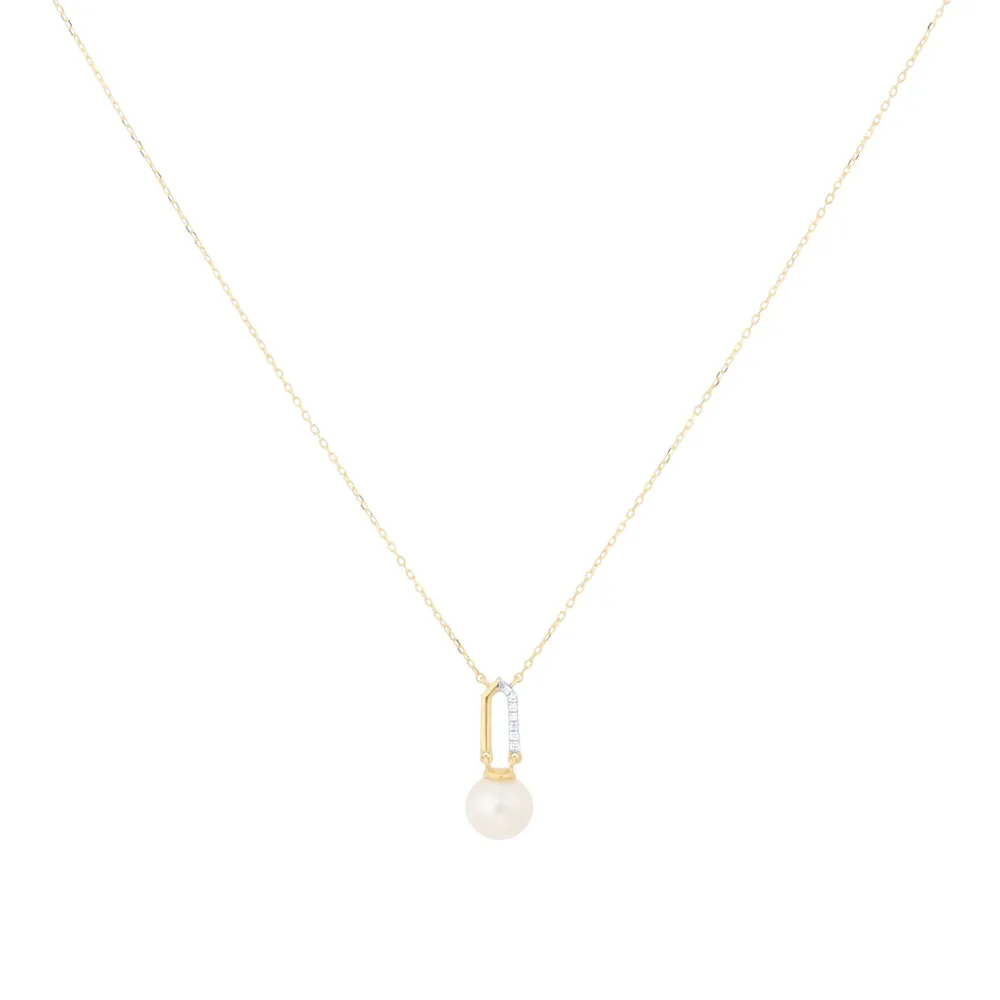 9ct Yellow Gold Freshwater Pearl and Diamond Paperclip Pendant