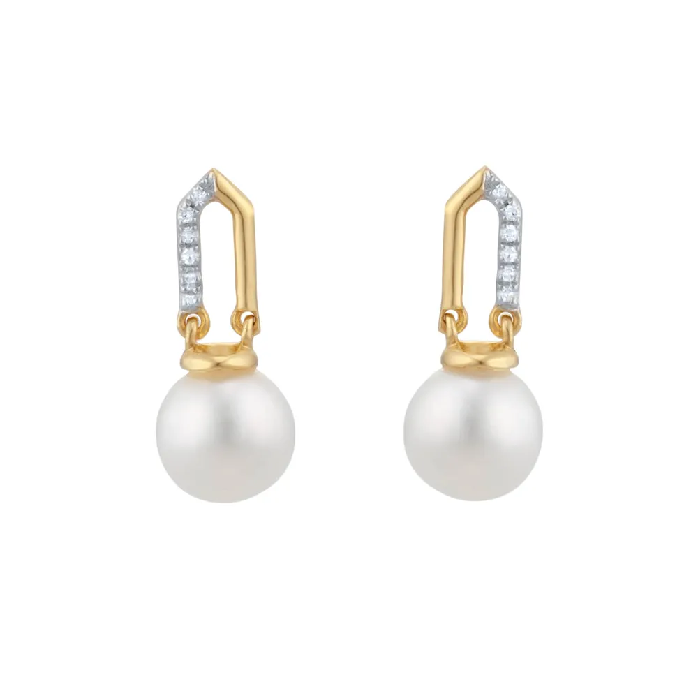 9ct Yellow Gold Freshwater Pearl and Diamond Paperclip Stud Earrings