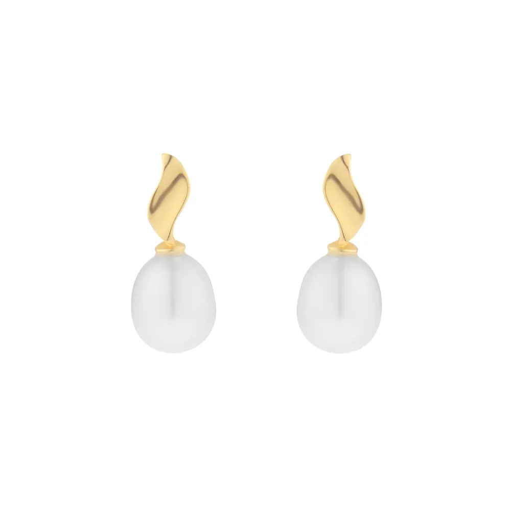 9ct Yellow Gold Freshwater Pearl Curved Leaf Stud Drop Earrings