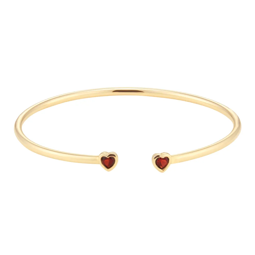 9ct Yellow Gold Garnet Heart Birthstone Cuff Bangle
