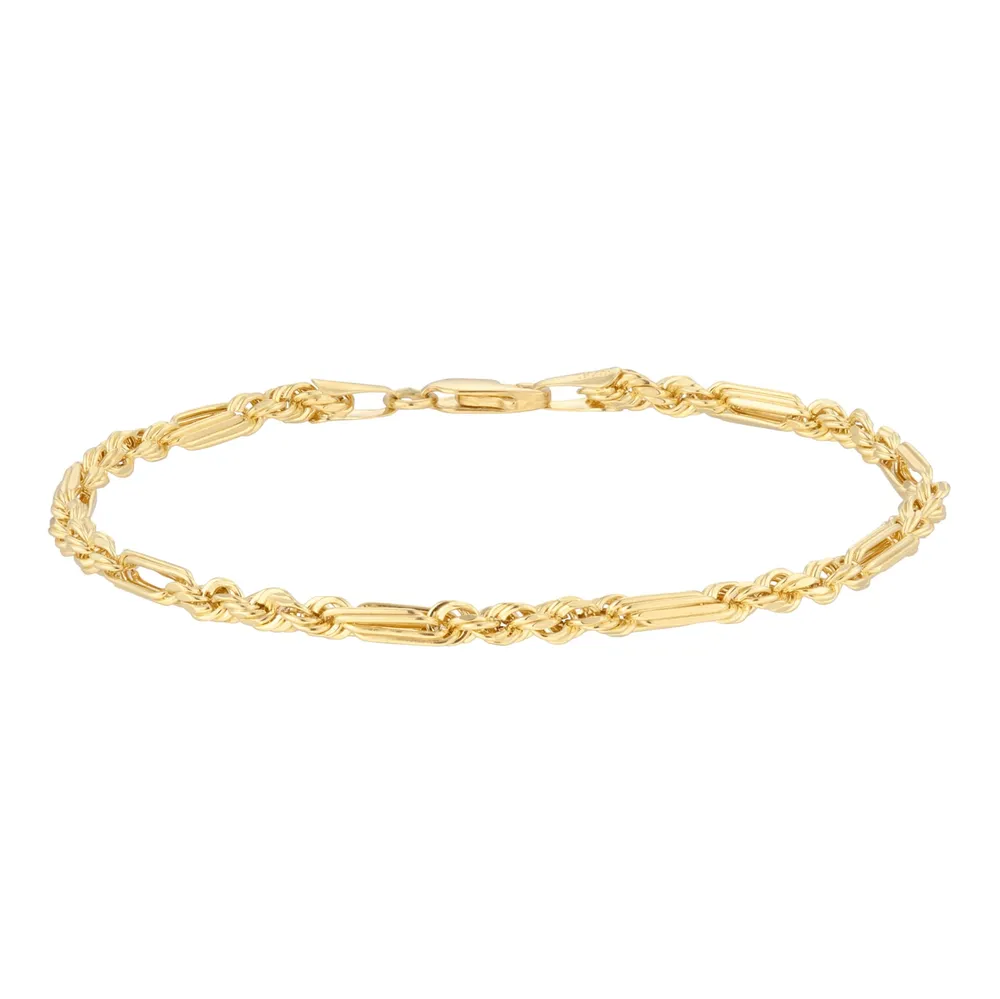 9ct Yellow Gold Hollow Diamond Cut Figaro Chain Bracelet