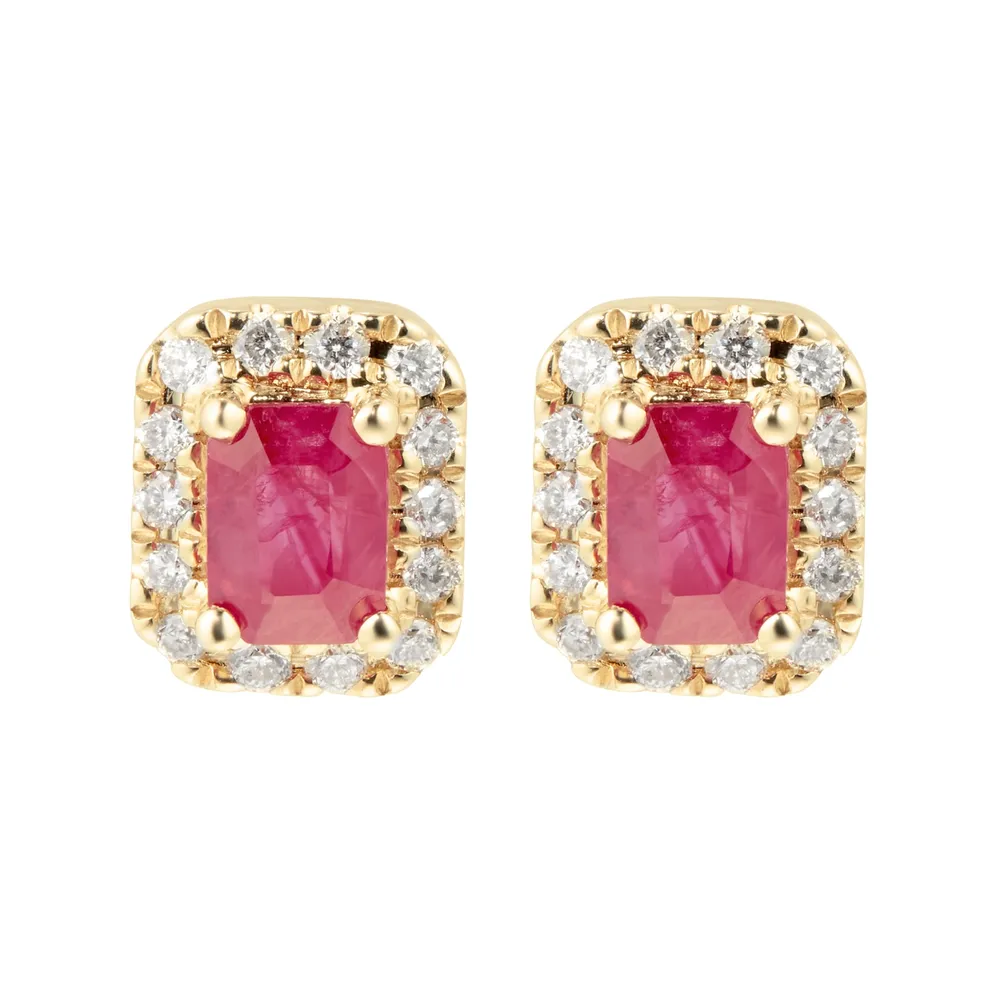 9ct Yellow Gold Ruby & Diamond Emerald Cut Halo Studs