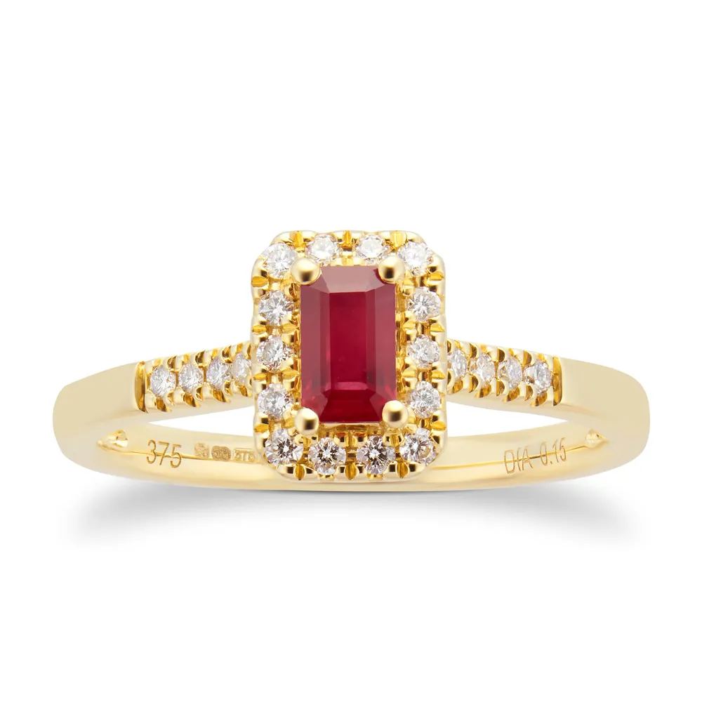 9ct Yellow Gold Ruby Emerald Cut Halo Ring