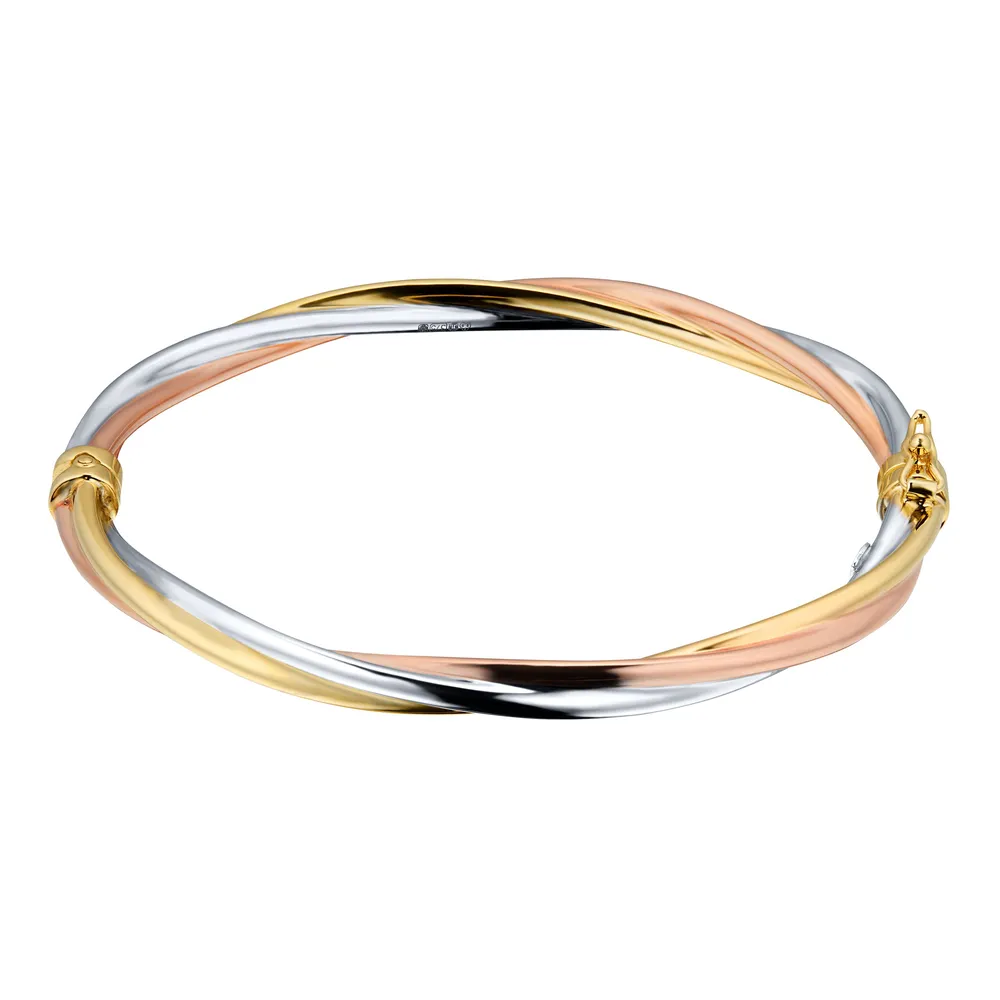 9ct Yellow White and Rose Gold Twist Tube Bangle