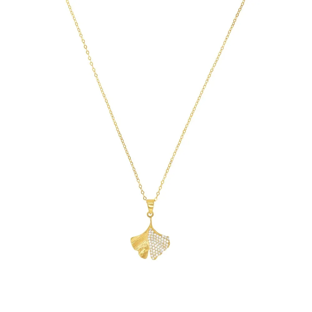 AMOR 14ct Yellow Gold Cubic Zirconia Leaf Pendant Necklace