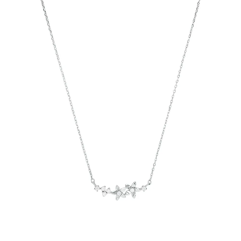 AMOR Silver Cubic Zirconia Flower Bar Pendant Necklace