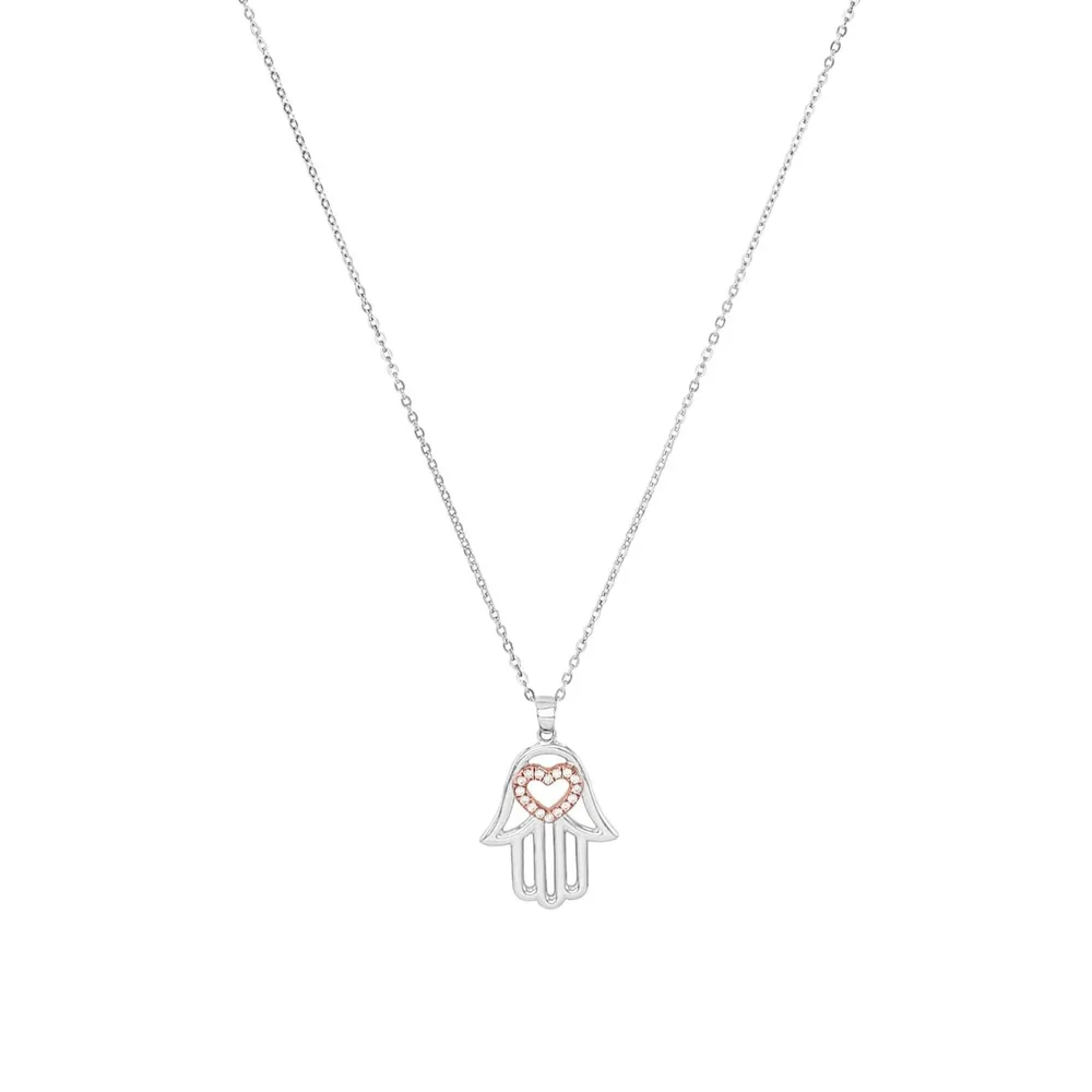 AMOR Silver Cubic Zirconia Heart & Hand Pendant Necklace