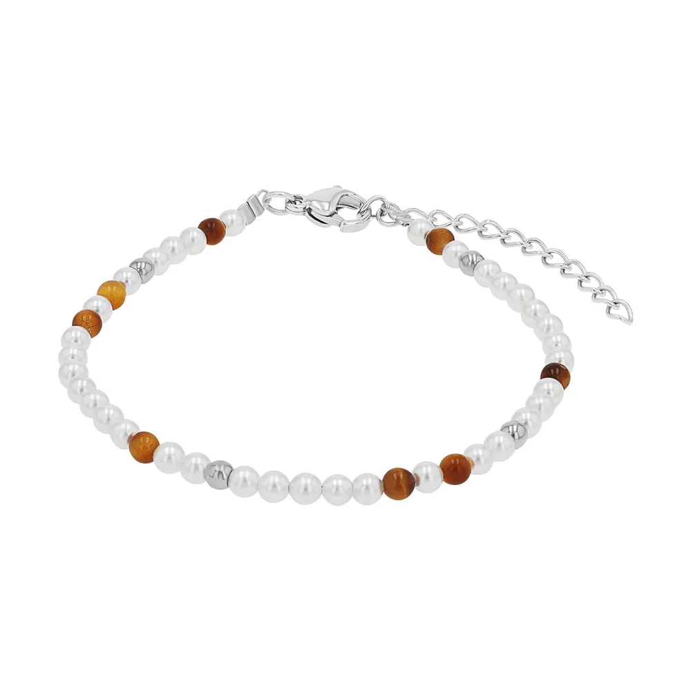 AMOR Stainless Steel Pearl & Tigers Eye Beaded Bracelet
