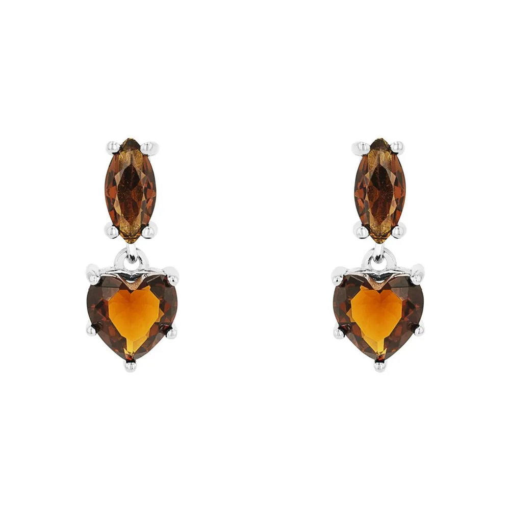 AMOR Sterling Silver Brown Glass Stone Heart Drop Earrings