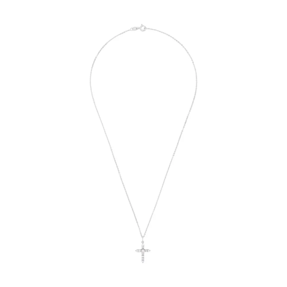 AMOR Sterling Silver Cubic Zirconia & Pearl Cross Pendant Necklace