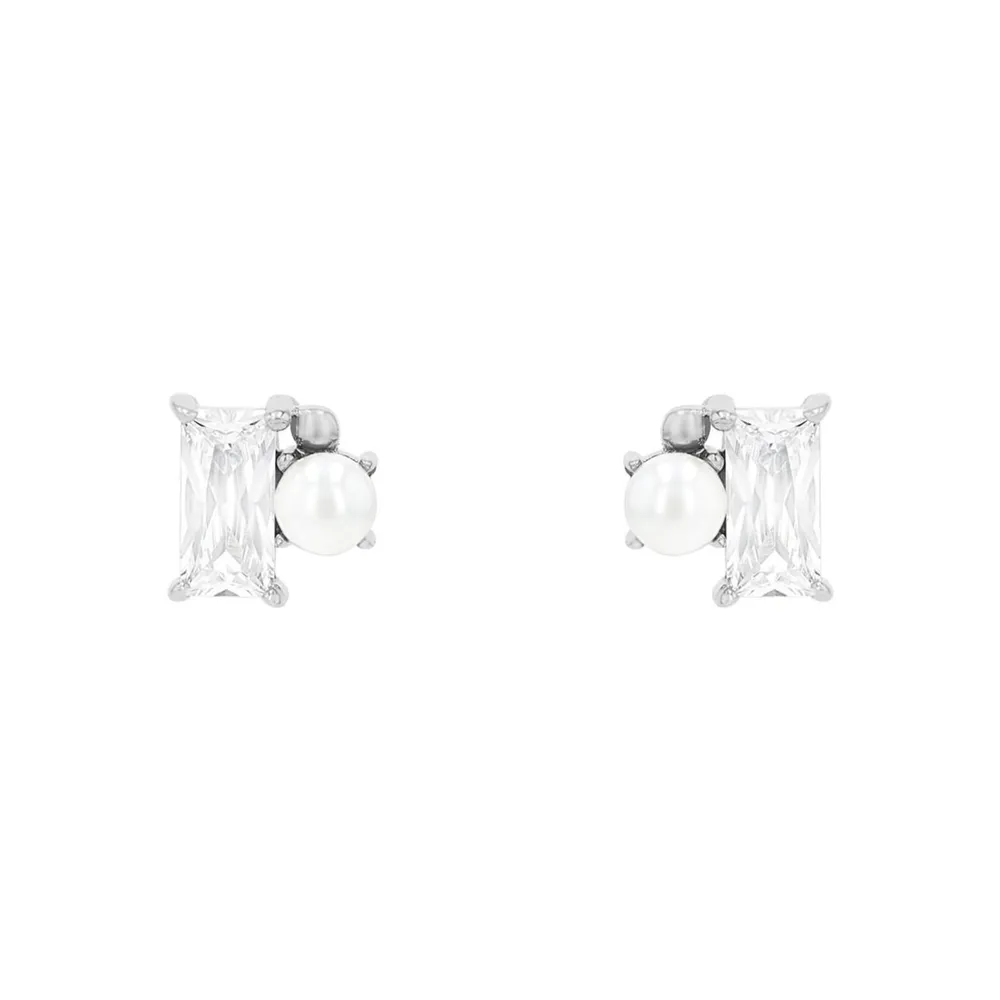 AMOR Sterling Silver Cubic Zirconia & Pearl Stud Earrings