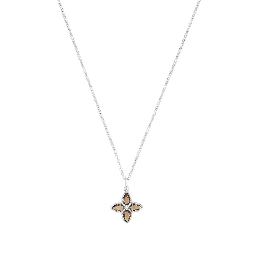 AMOR Sterling Silver Glass Stone Flower Pendant Necklace
