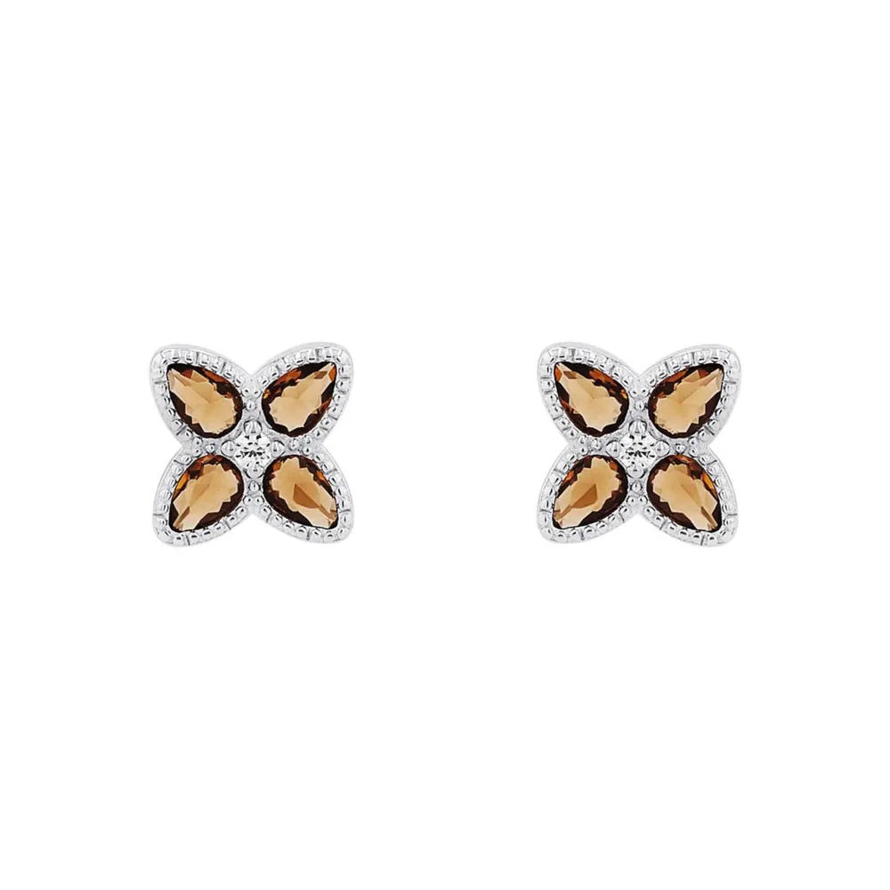 AMOR Sterling Silver Glass Stone Flower Stud Earrings