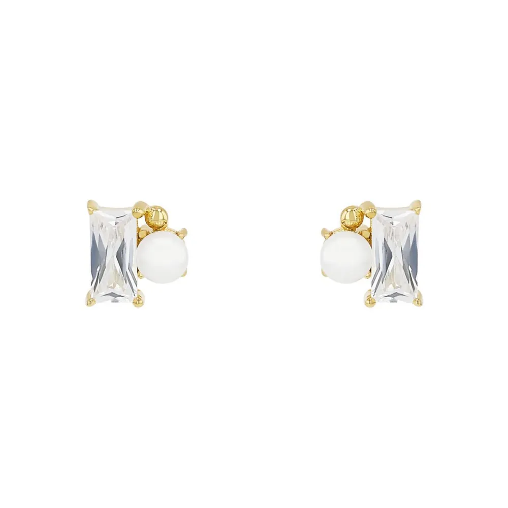 AMOR Yellow Gold Coloured Sterling Silver Pearl & Cubic Zirconia Stud Earrings