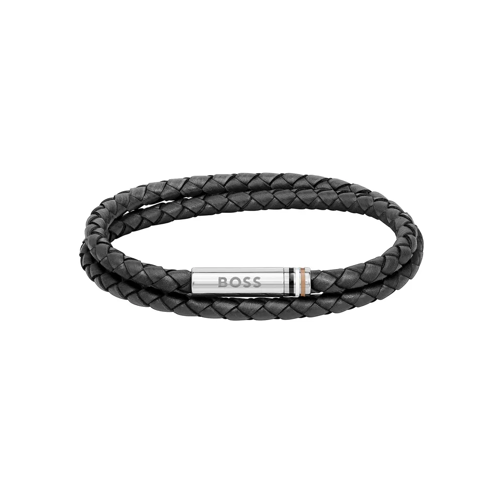 Boss Gents BOSS Ares Black Leather Bracelet
