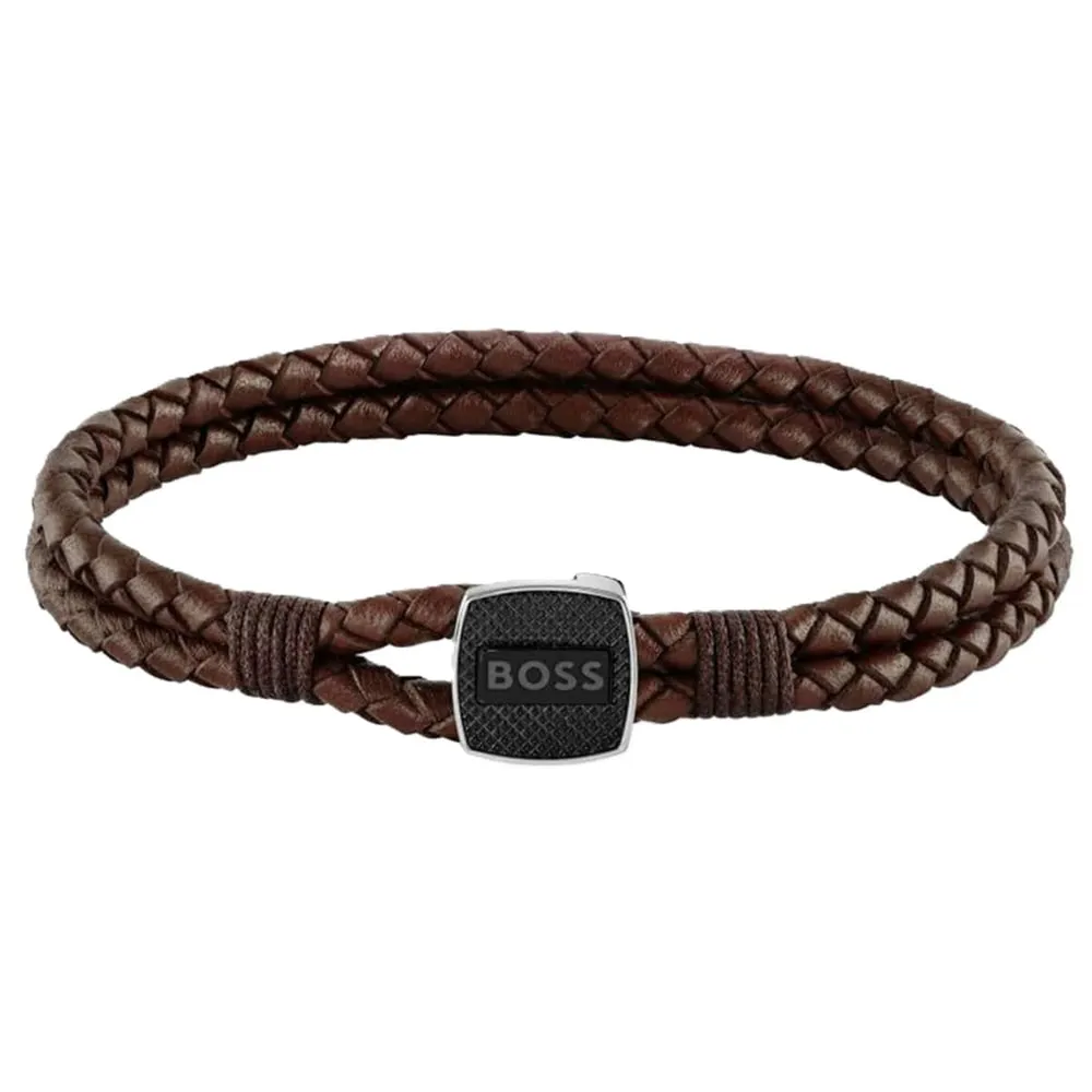Boss Gents BOSS Seal Brown Leather Braided Bracelet