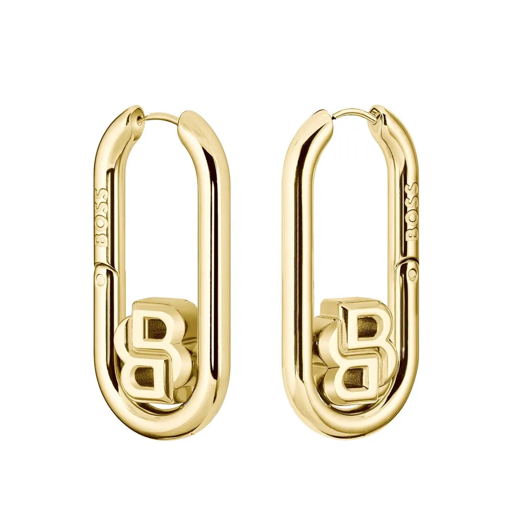 Boss Ladies BOSS Double B Yellow Gold Coloured Hoop Earrings
