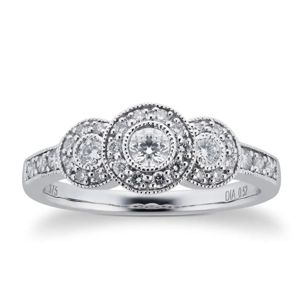 Brilliant Cut 0.52 Carat Total Weight Three Stone Diamond Ring Set In 9 Carat White Gold