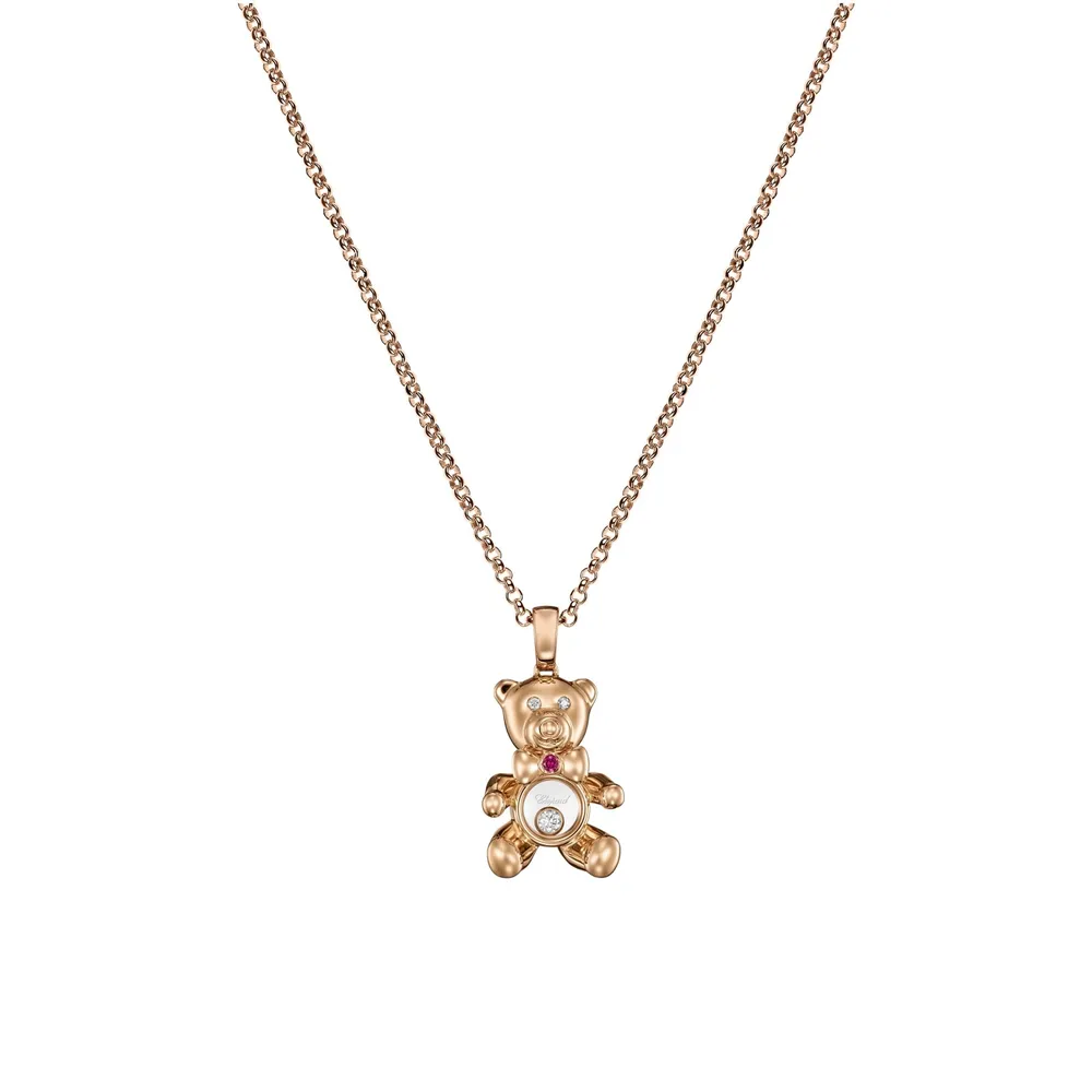 Chopard Happy Diamond Teddy Bear Pendant In Ethical 18ct Rose Gold With Diamonds and Ruby