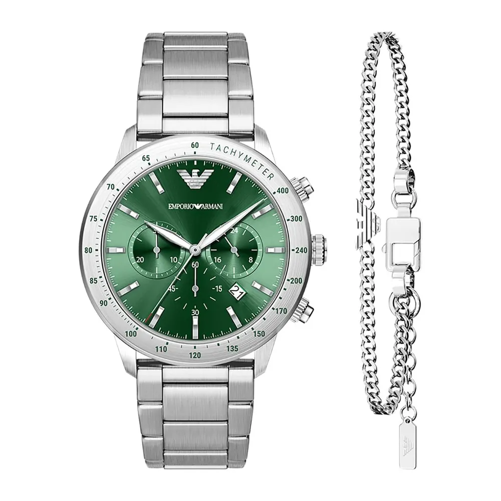 Emporio Armani Mario 43mm Stainless Steel Chronograph Men’s Watch and Bracelet Gift Set