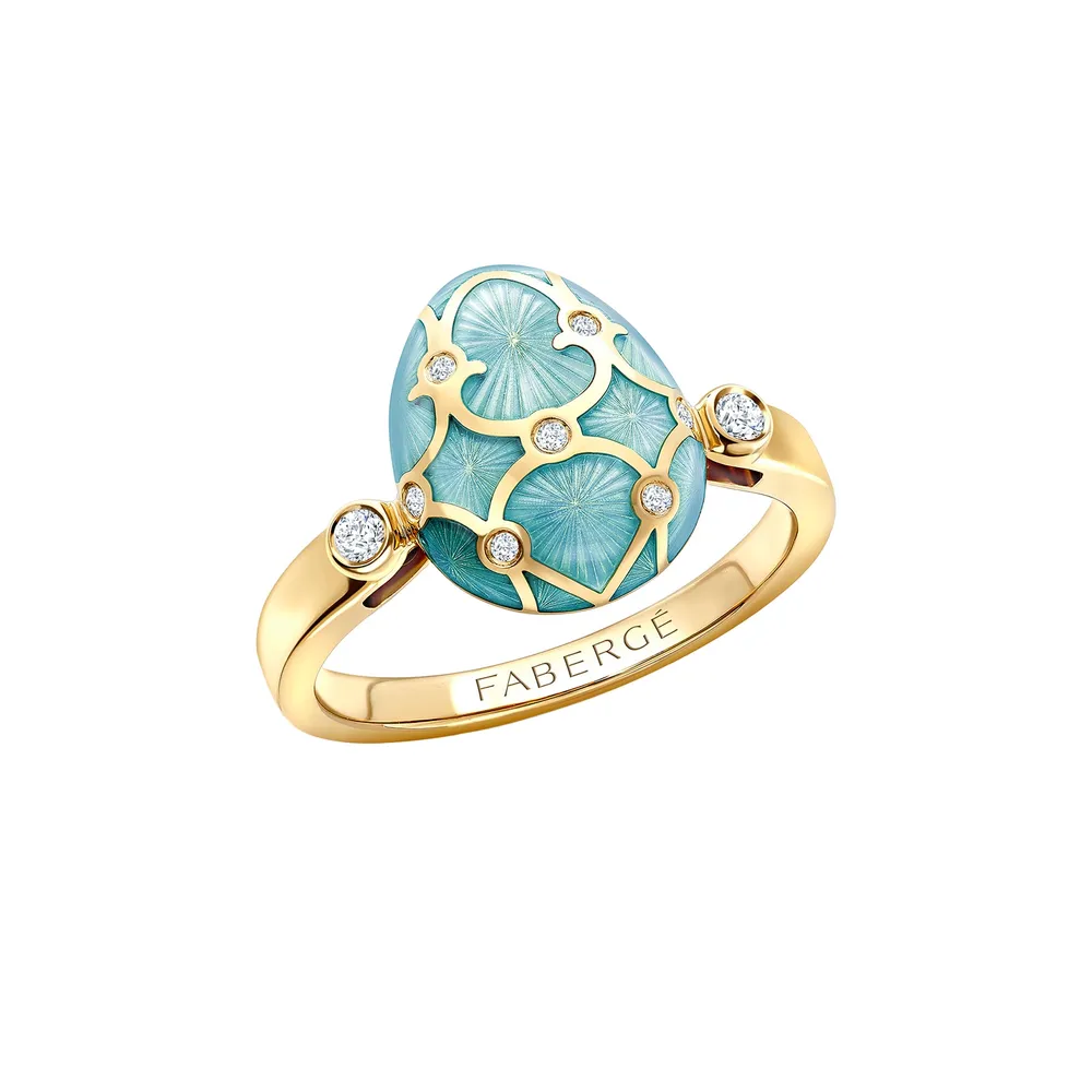 Fabergé Heritage 18ct Yellow Gold Diamond & Torquoise Enamel Egg Ring