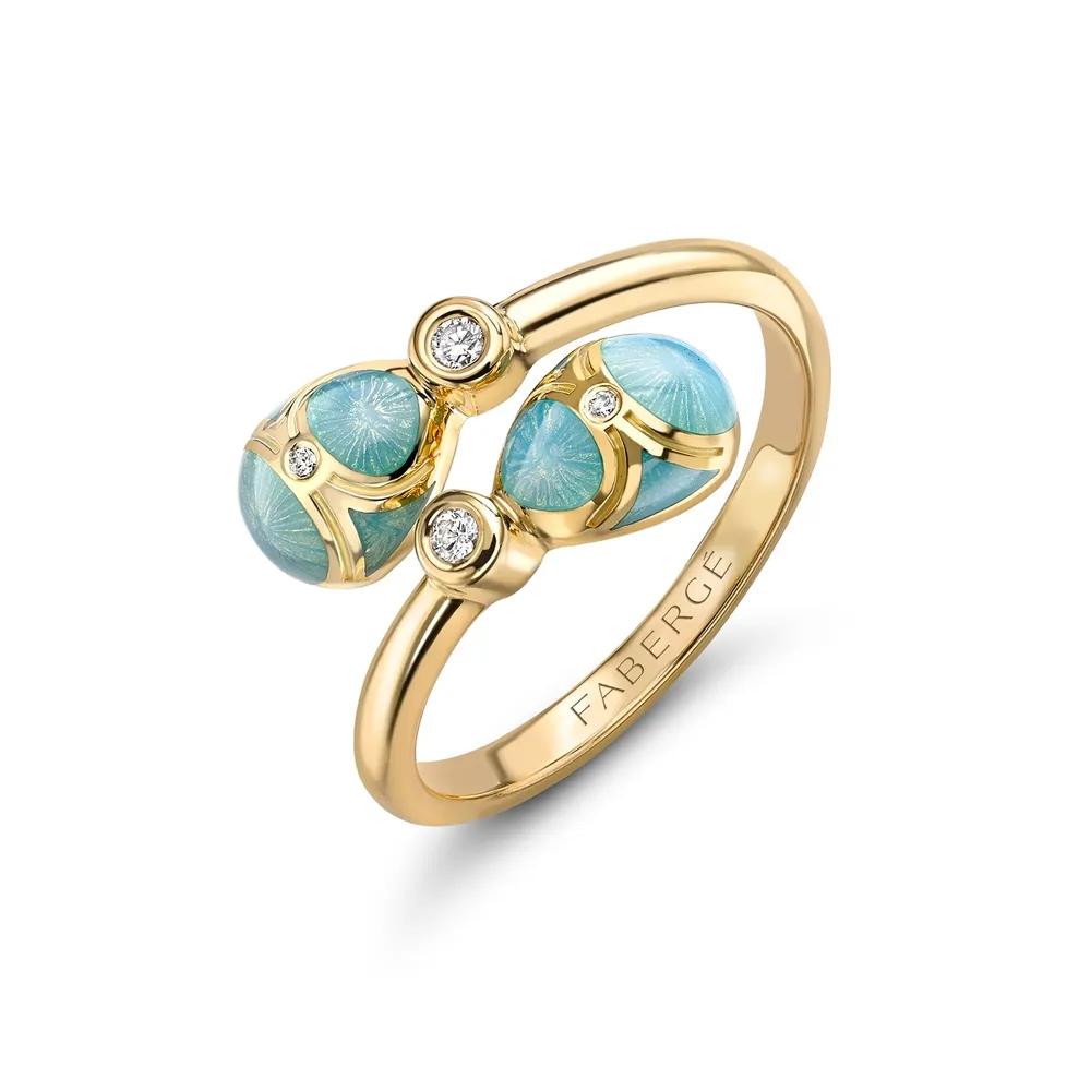 Fabergé Heritage 18ct Yellow Gold Turquoise & 0.04ct Diamond Guilloché Enamel Crossover Ring
