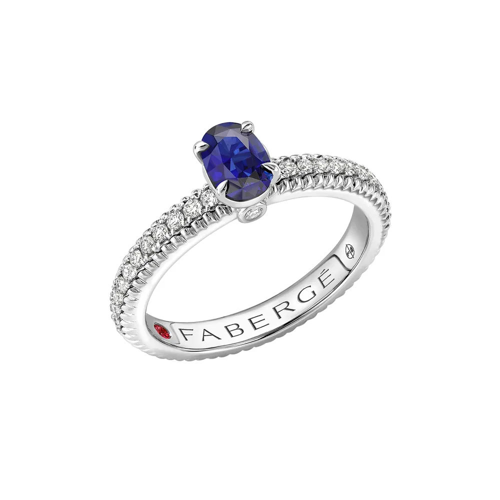 Fabergé Love By Faberge 18ct White Gold Blue Sapphire Fluted ring with Diamond Shoulders