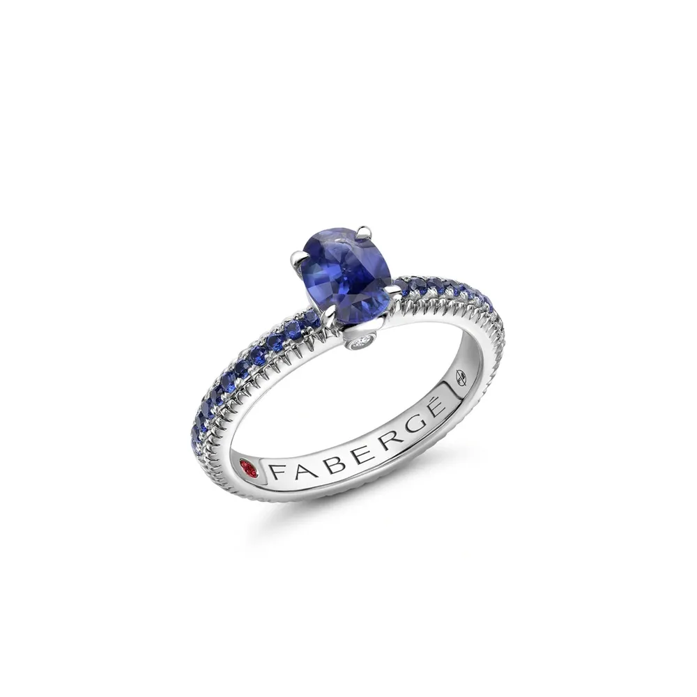Fabergé Love By Faberge 18ct White Gold Blue Sapphire Fluted Ring with Sapphire Shoulders