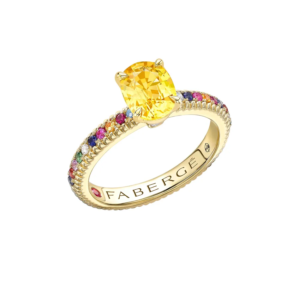 Fabergé Love By Faberge 18ct Yellow Gold Oval Yellow Sapphire Fluted Ring with Multicoloured Gemstone Shoulders