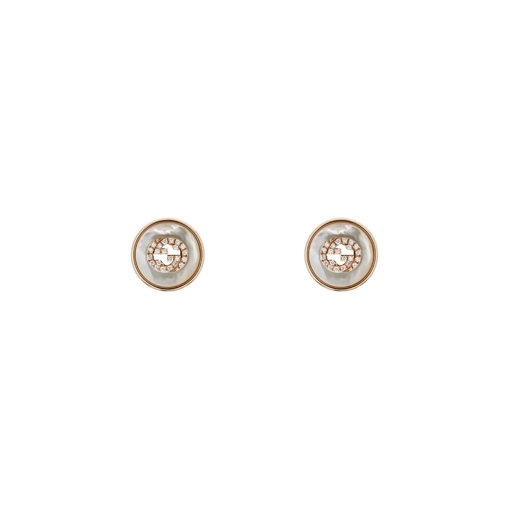 Gucci Gucci Interlocking 18ct Rose Gold Diamond & Mother Of Pearl Stud Earrings