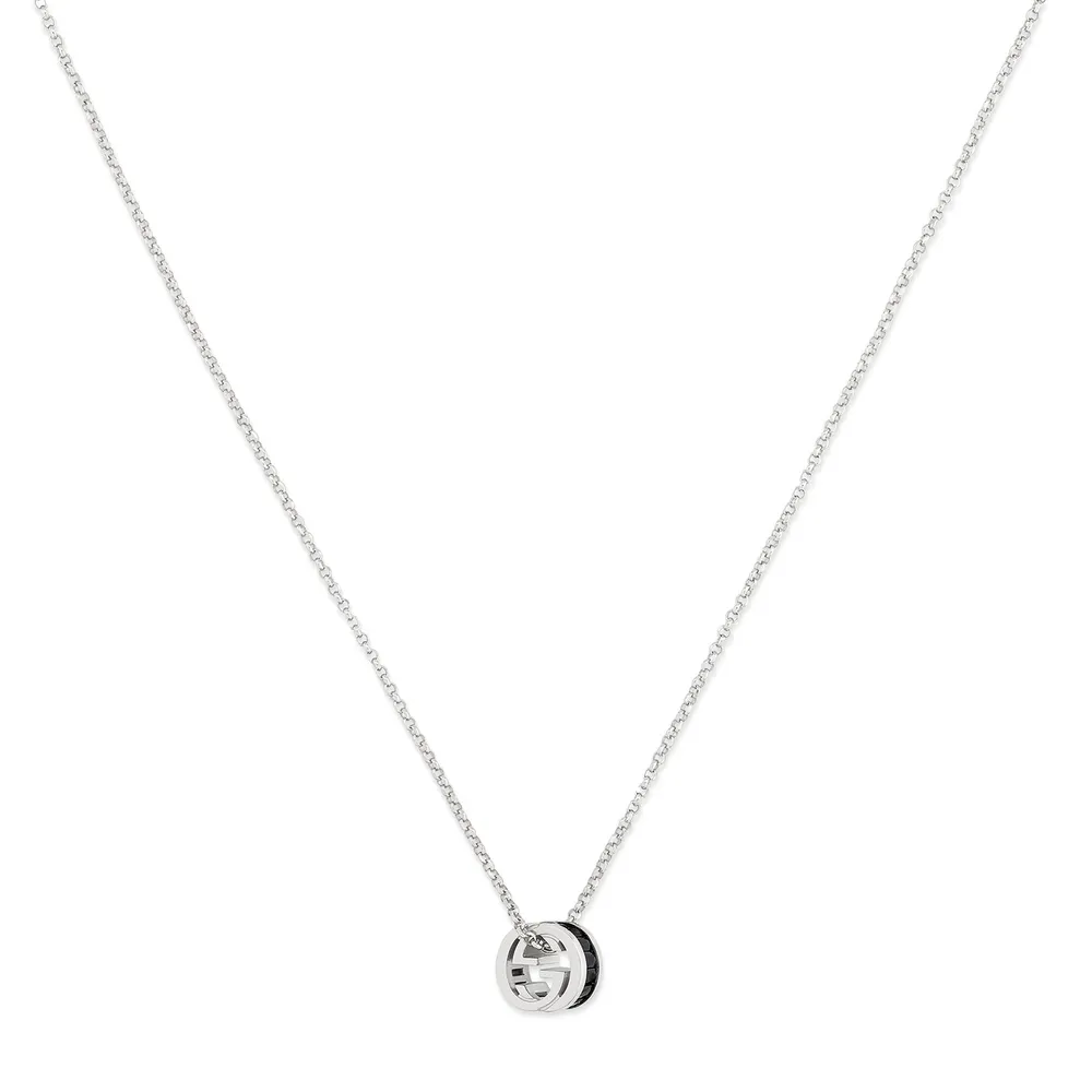 Gucci Gucci Interlocking Sterling Silver & Black Crystal Pendant Necklace