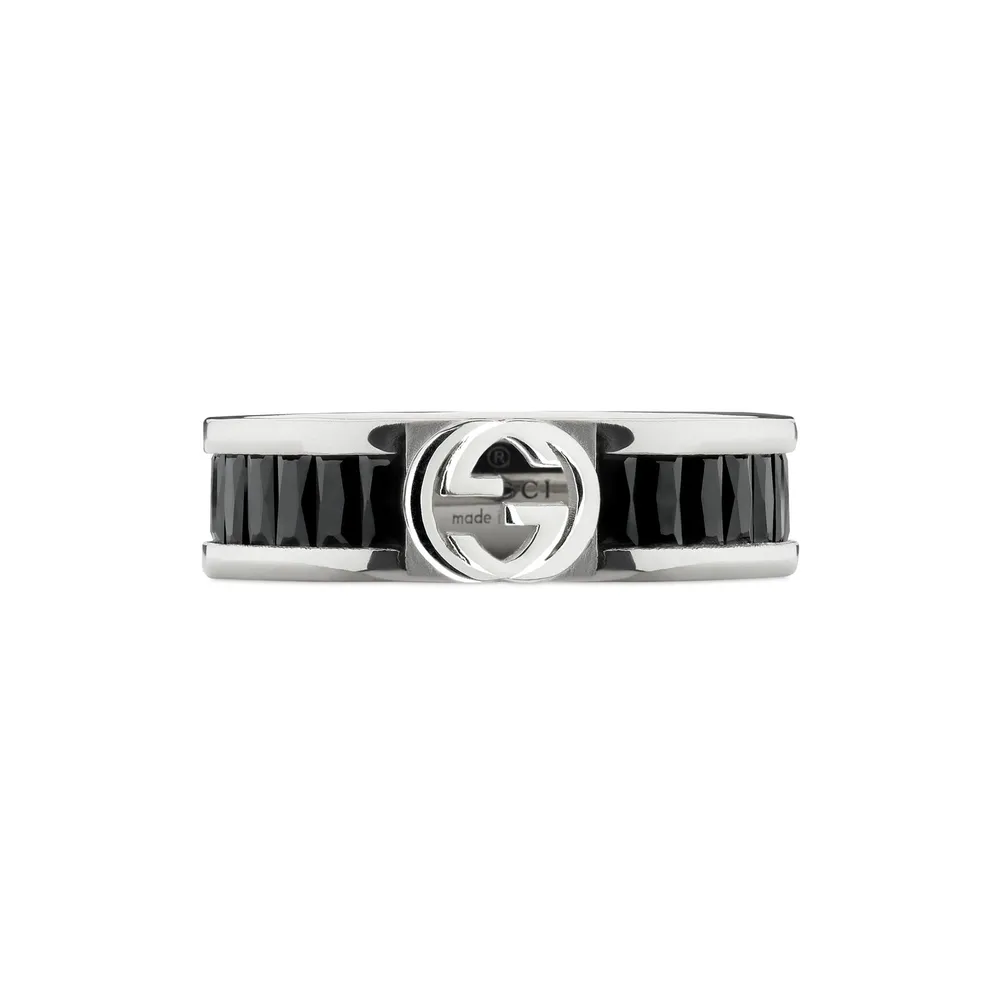 Gucci Gucci Interlocking Sterling Silver & Black Crystal Ring