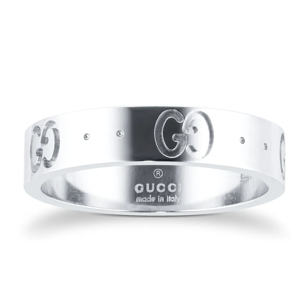 Gucci Icon 18ct White Gold Logo Band Ring - Ring Size K.5