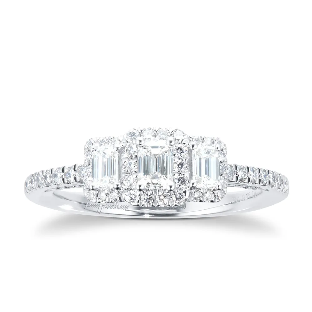 Jenny Packham 18ct White Gold 0.75cttw Diamond Emerald Halo 3 Stone Engagement Ring