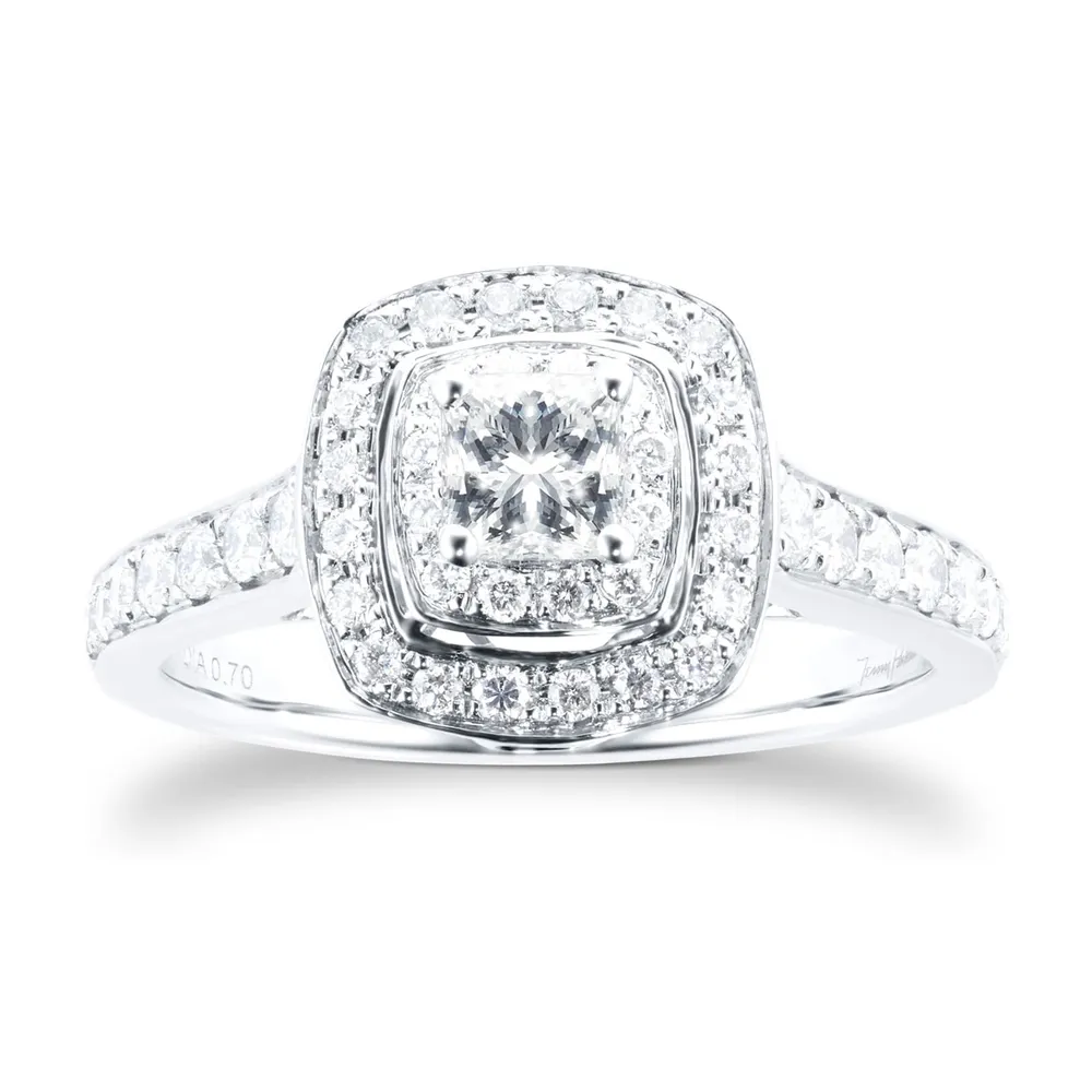 Jenny Packham Cushion Cut 0.70 Carat Total Weight Double Halo Diamond Ring In 18 Carat White Gold